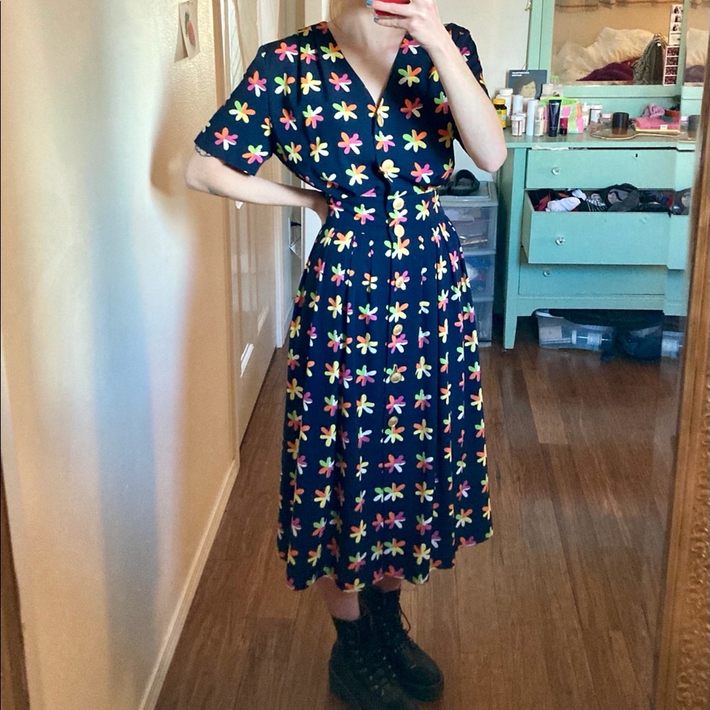 French-made silk vintage dress w/ rainbow flowers